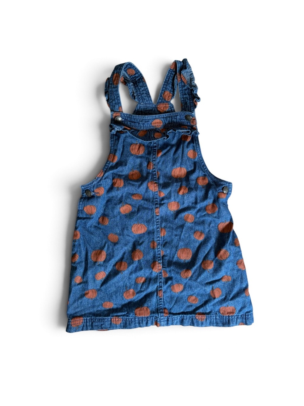 Girls Blue Denim Overall Dress with Orange pumpkin Print